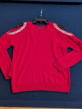 INC International Concepts Red Knit Sweater with Embellished Shoulders